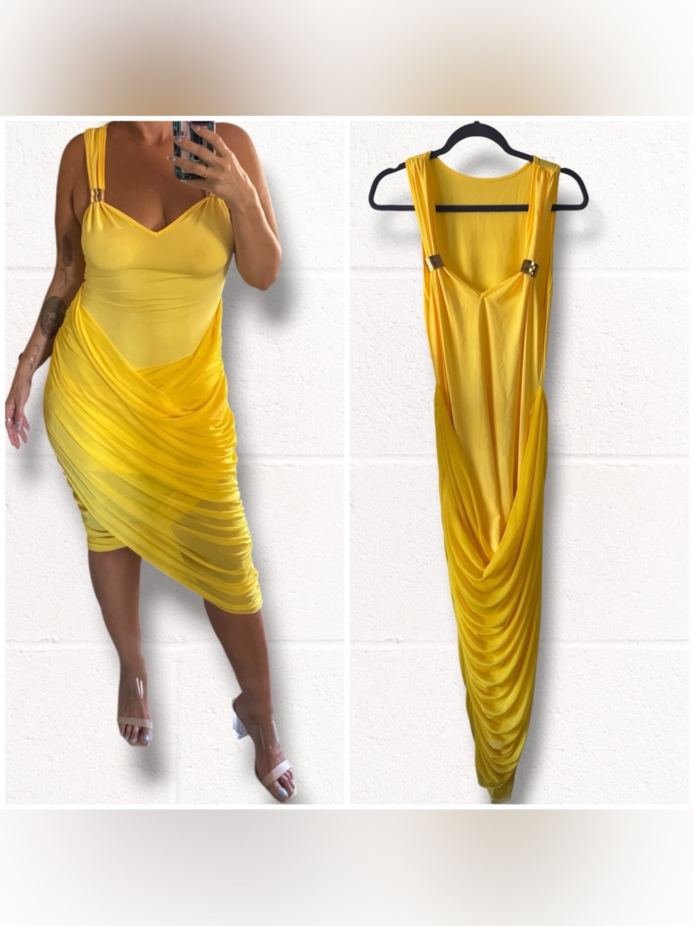 NEW SHEIN Bright Yellow Draped Midi Dress, 0XL (12)